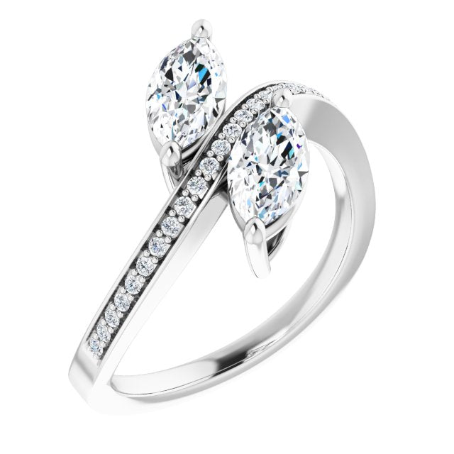 10K White Gold Customizable 2-stone Marquise Cut Bypass Design with Thin Twisting Shared Prong Band