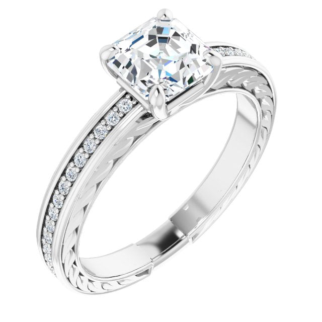 10K White Gold Customizable Asscher Cut Design with Rope-Filigree Hammered Inlay & Round Channel Accents