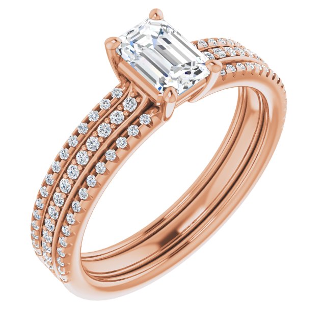 10K Rose Gold Customizable Emerald/Radiant Cut Center with Wide Pavé Accented Band