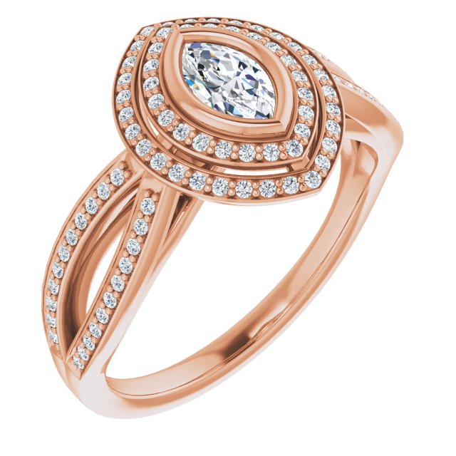10K Rose Gold Customizable Bezel-set Marquise Cut Style with Double Halo and Split Shared Prong Band