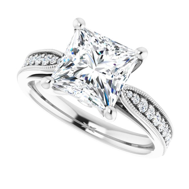 Cubic Zirconia Engagement Ring- The Carli Love (Customizable Princess/Square Cut Style featuring Milgrained Shared Prong Band & Dual Peekaboos)