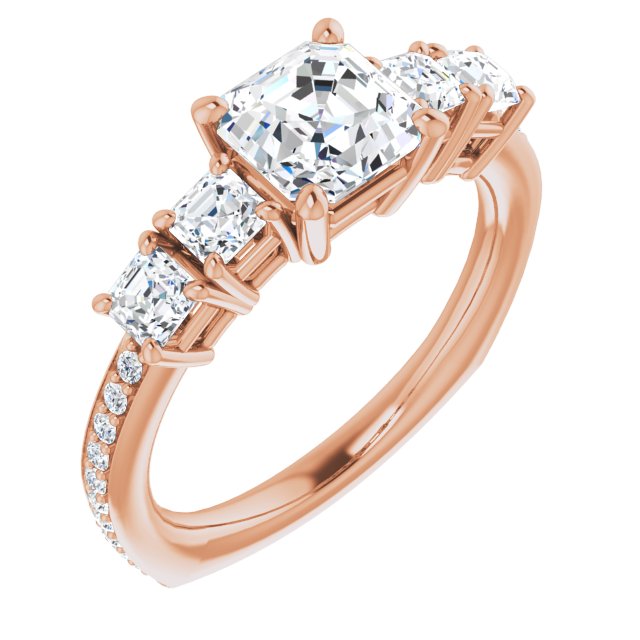 10K Rose Gold Customizable Asscher Cut 5-stone Style with Quad Asscher Accents plus Shared Prong Band