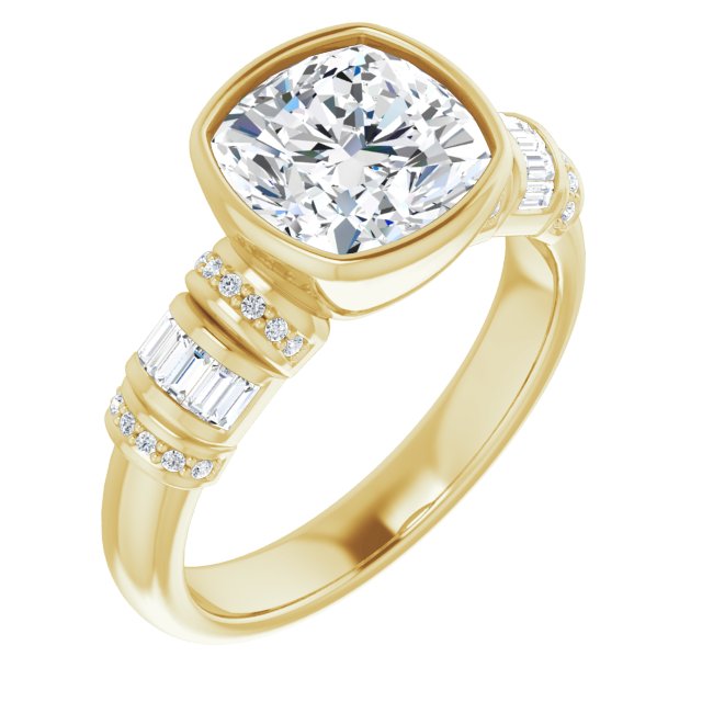 10K Yellow Gold Customizable Bezel-set Cushion Cut Setting with Wide Sleeve-Accented Band