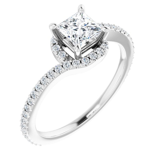 10K White Gold Customizable Artisan Princess/Square Cut Design with Thin, Accented Bypass Band