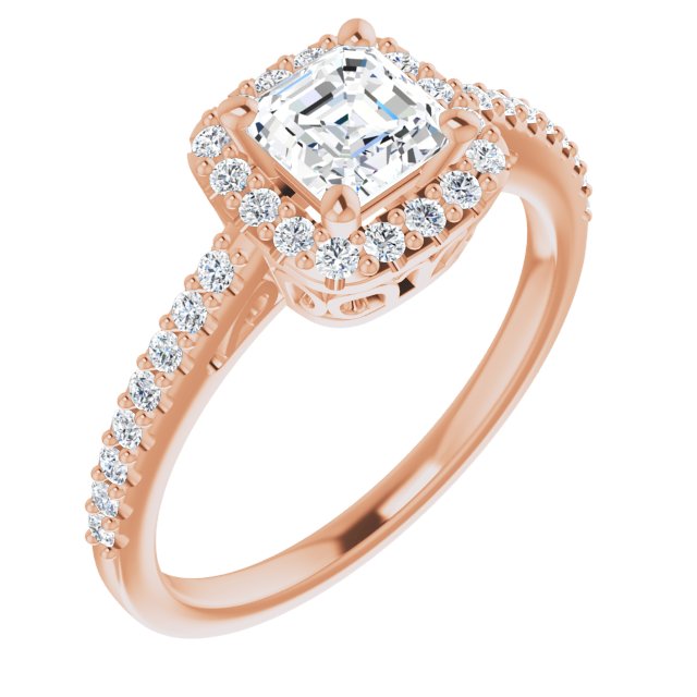 10K Rose Gold Customizable Cathedral-Crown Asscher Cut Design with Halo and Accented Band