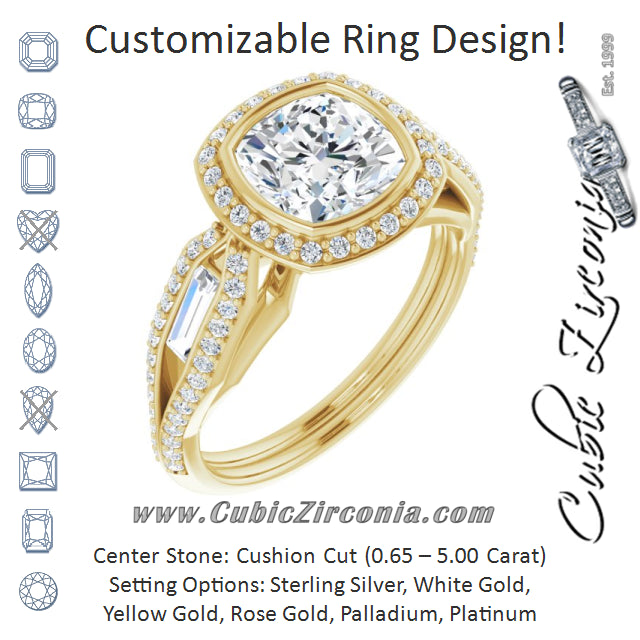 Cubic Zirconia Engagement Ring- The Alekhya (Customizable Cathedral-Bezel Cushion Cut Design with Halo, Split-Pavé Band & Channel Baguettes)