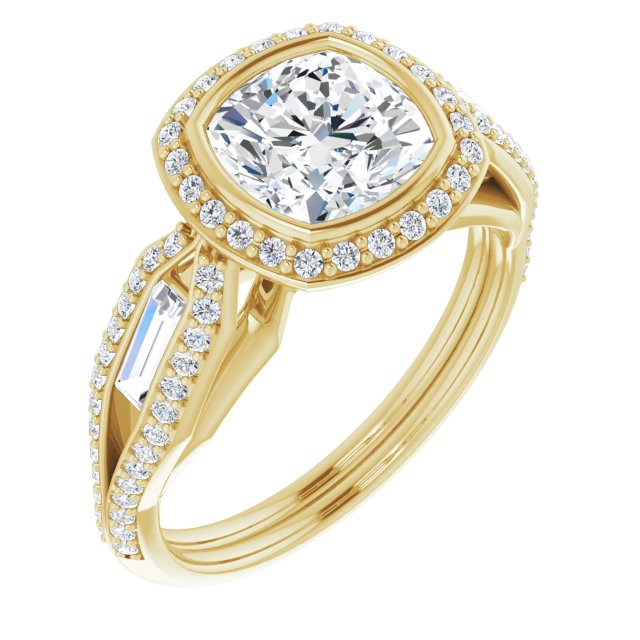 Cubic Zirconia Engagement Ring- The Alekhya (Customizable Cathedral-Bezel Cushion Cut Design with Halo, Split-Pavé Band & Channel Baguettes)