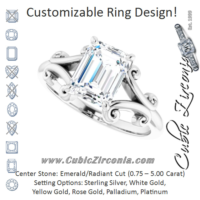 Cubic Zirconia Engagement Ring- The Paisley (Customizable Radiant Cut Solitaire with Band Flourish and Decorative Trellis)