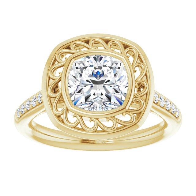 Cubic Zirconia Engagement Ring- The Hailey Belle (Customizable Cathedral-Bezel Cushion Cut Design with Floral Filigree and Thin Shared Prong Band)