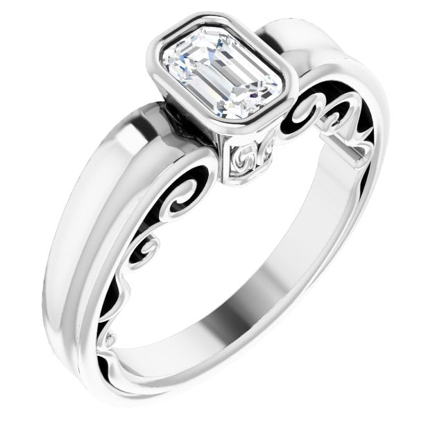 10K White Gold Customizable Bezel-set Emerald/Radiant Cut Solitaire with Wide 3-sided Band