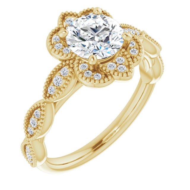 10K Yellow Gold Customizable Cathedral-style Round Cut Design with Floral Segmented Halo & Milgrain+Accents Band