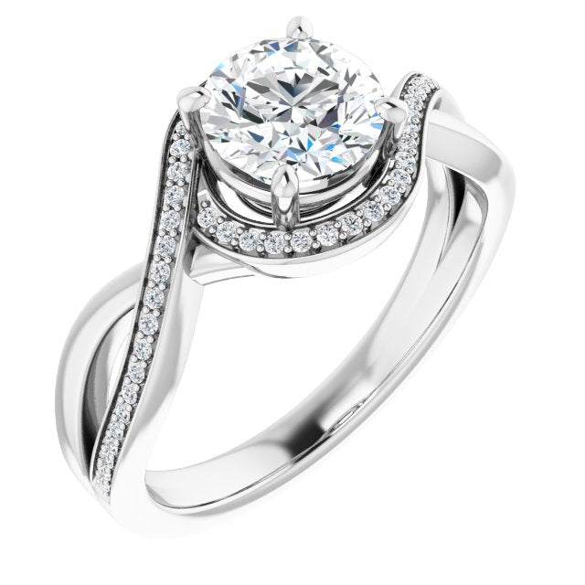10K White Gold Customizable Bypass-Halo-Accented Round Cut Center with Twisting Split Shared Prong Band