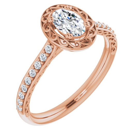 10K Rose Gold Customizable Oval Cut Halo Design with Filigree and Accented Band