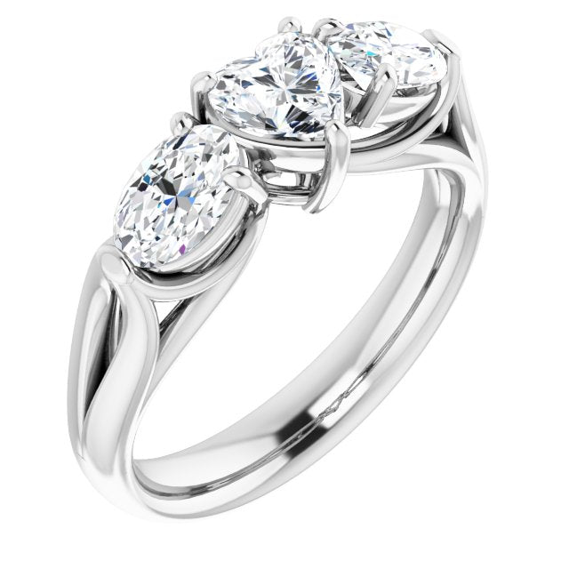 10K White Gold Customizable Cathedral-set 3-stone Heart Cut Style with Dual Oval Cut Accents & Wide Split Band