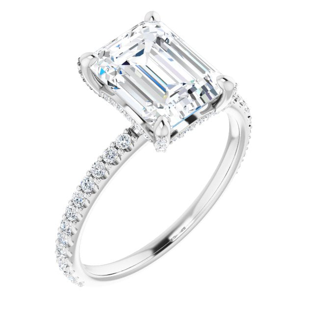 10K White Gold Customizable Emerald/Radiant Cut Design with Round-Accented Band, Micropav? Under-Halo and Decorative Prong Accents)