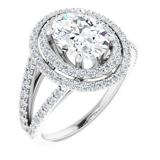 10K White Gold Customizable Oval Cut Design with Double Halo and Wide Split-Pavé Band