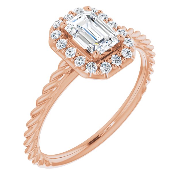 10K Rose Gold Customizable Cathedral-set Emerald/Radiant Cut Design with Halo and Twisty Rope Band