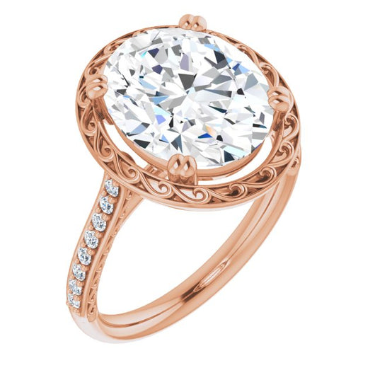 10K Rose Gold Customizable Oval Cut Halo Design with Filigree and Accented Band