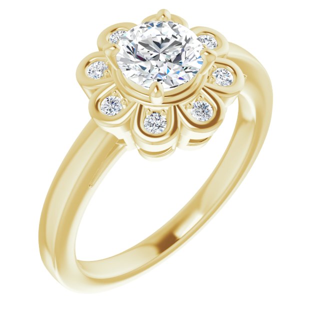 10K Yellow Gold Customizable 9-stone Round Cut Design with Round Bezel Side Stones