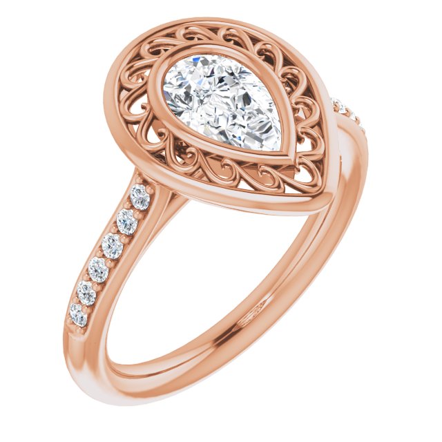 10K Rose Gold Customizable Cathedral-Bezel Pear Cut Design with Floral Filigree and Thin Shared Prong Band