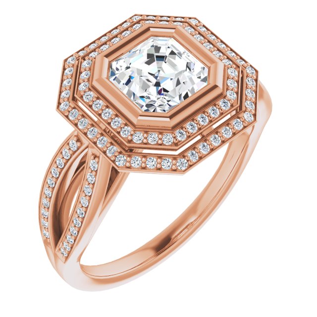 10K Rose Gold Customizable Bezel-set Asscher Cut Style with Double Halo and Split Shared Prong Band