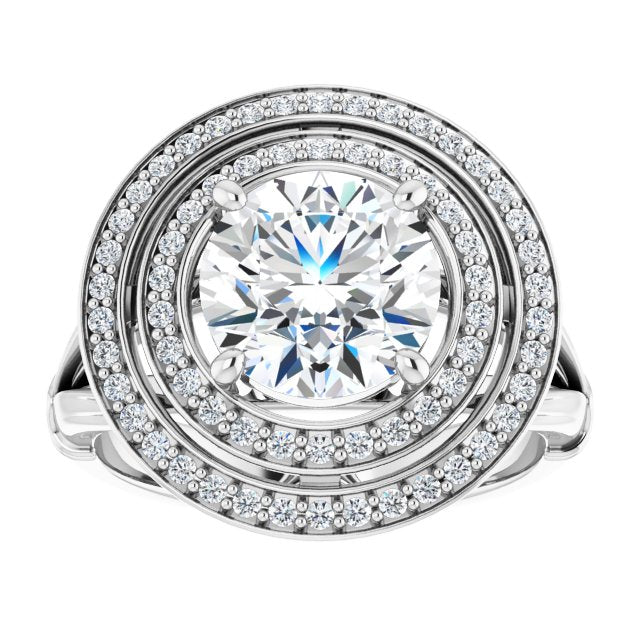 Cubic Zirconia Engagement Ring- The Cheryl (Customizable Cathedral-set Round Cut Design with Double Halo, Wide Split Band and Side Knuckle Accents)