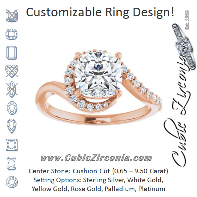 Cubic Zirconia Engagement Ring- The Phyllis (Customizable Cushion Cut Design with Swooping Pavé Bypass Band)