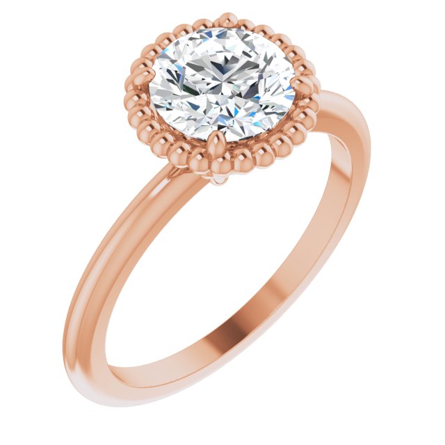 10K Rose Gold Customizable Round Cut Solitaire with Beaded Metallic Milgrain