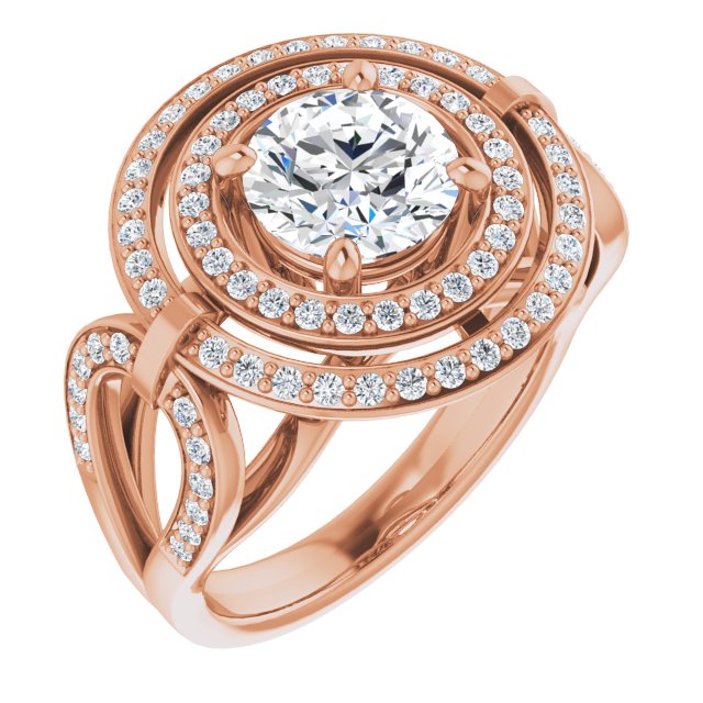 10K Rose Gold Customizable Cathedral-set Round Cut Design with Double Halo & Accented Ultra-wide Horseshoe-inspired Split Band
