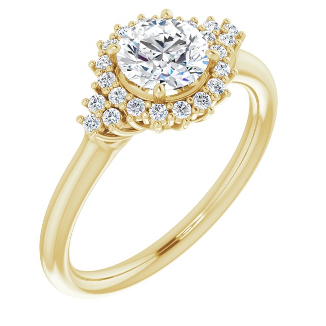 10K Yellow Gold Customizable Round Cut Cathedral-Halo Design with Tri-Cluster Round Accents