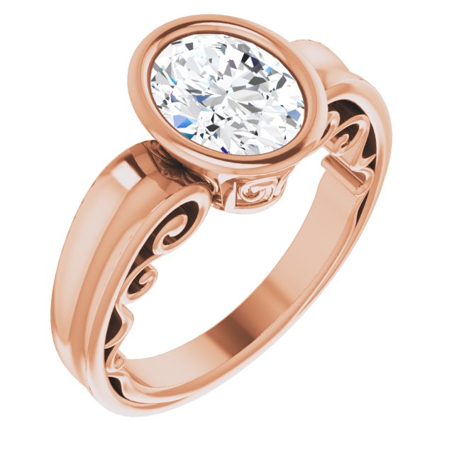 10K Rose Gold Customizable Bezel-set Oval Cut Solitaire with Wide 3-sided Band