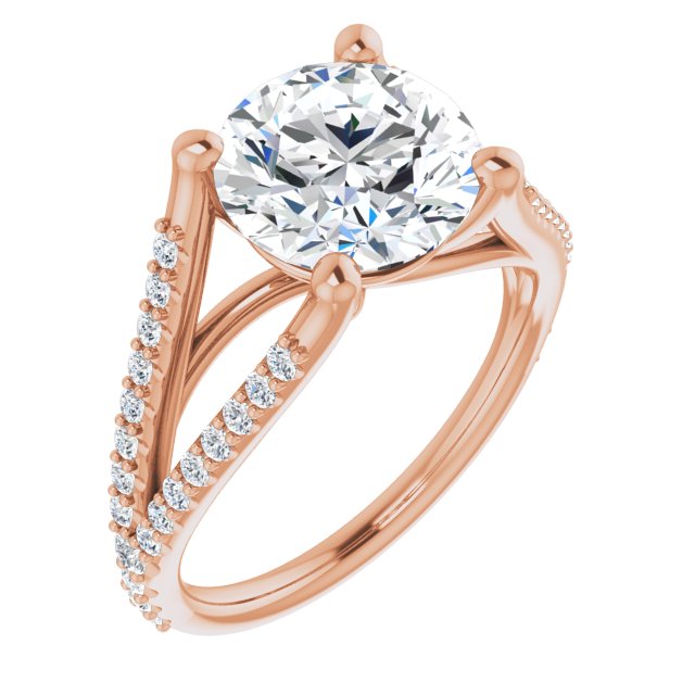 10K Rose Gold Customizable Cathedral-raised Round Cut Center with Exquisite Accented Split-band