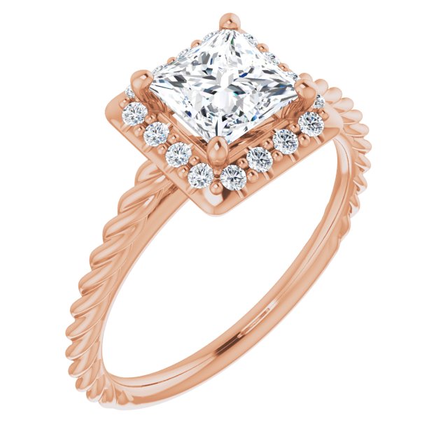 10K Rose Gold Customizable Cathedral-set Princess/Square Cut Design with Halo and Twisty Rope Band