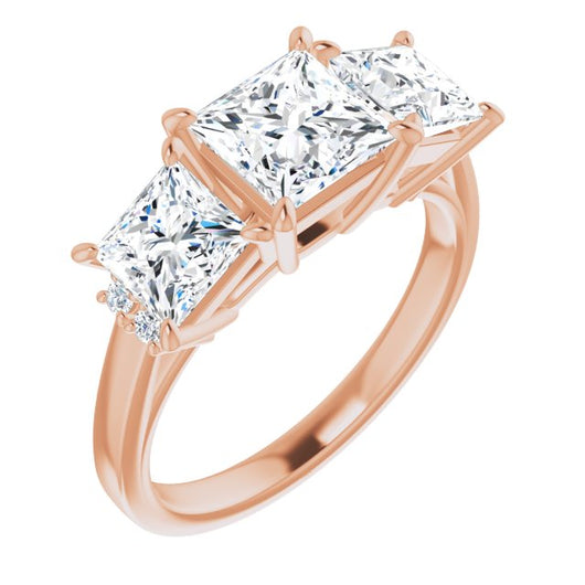 10K Rose Gold Customizable Triple Princess/Square Cut Design with Quad Vertical-Oriented Round Accents