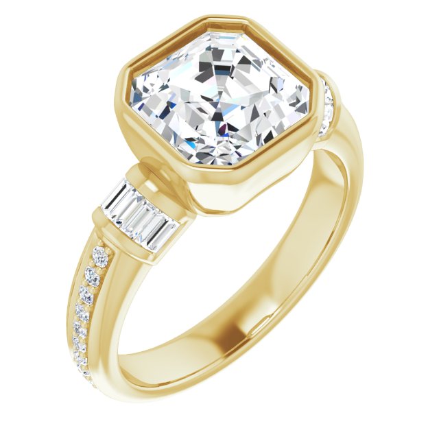 10K Yellow Gold Customizable Cathedral-Bezel Asscher Cut Style with Horizontal Baguettes & Shared Prong Band