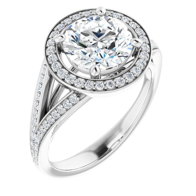 14K White Gold Customizable Cathedral-Halo Round Cut Style featuring Split-Shared Prong Band