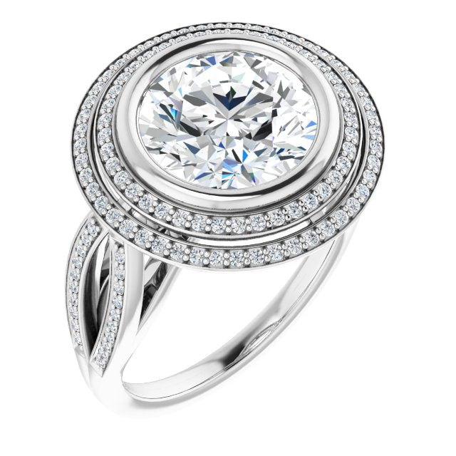 10K White Gold Customizable Bezel-set Round Cut Style with Double Halo and Split Shared Prong Band