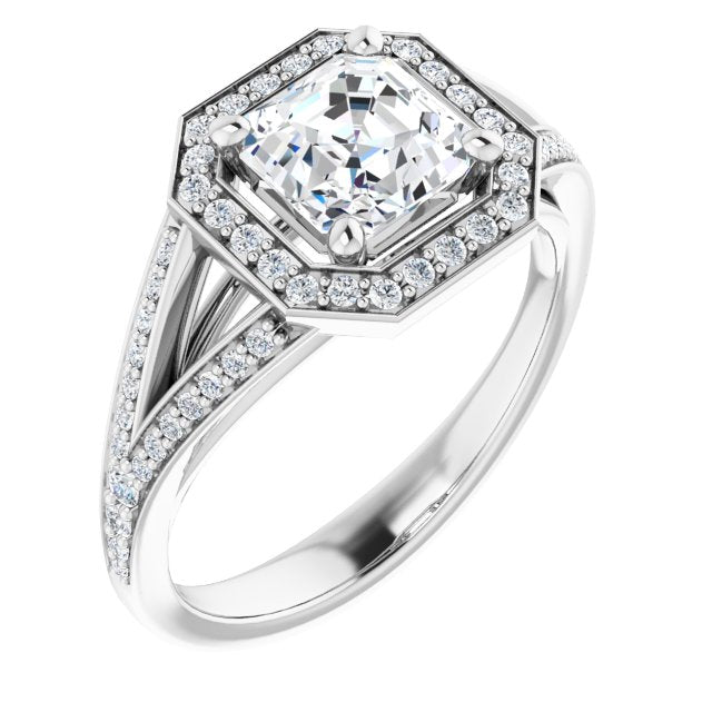 10K White Gold Customizable Cathedral-Halo Asscher Cut Style featuring Split-Shared Prong Band