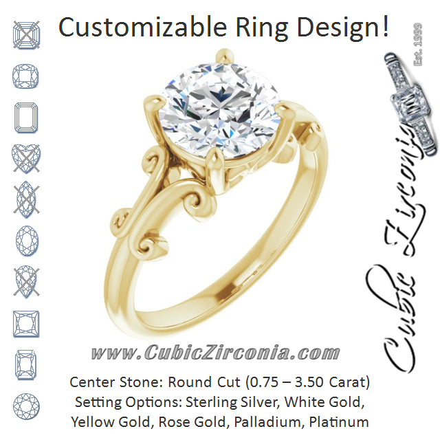 Cubic Zirconia Engagement Ring- The Paisley (Customizable Round Cut Solitaire with Band Flourish and Decorative Trellis)