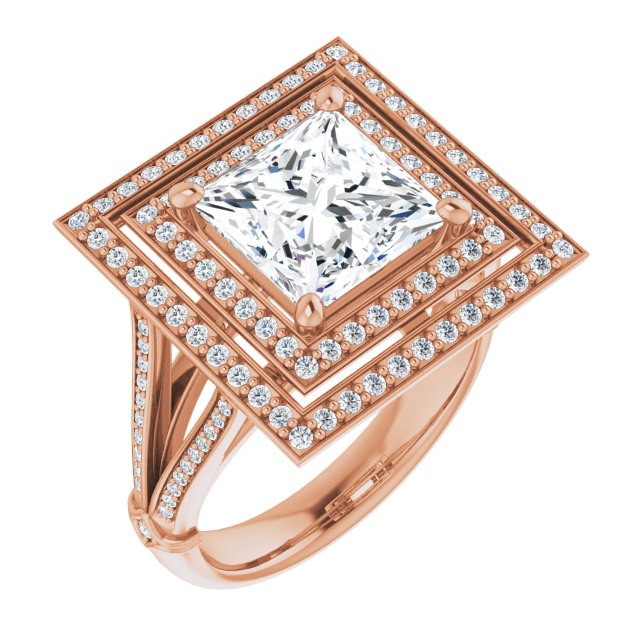 10K Rose Gold Customizable Cathedral-set Princess/Square Cut Design with Double Halo, Wide Split-Shared Prong Band and Side Knuckle Accents