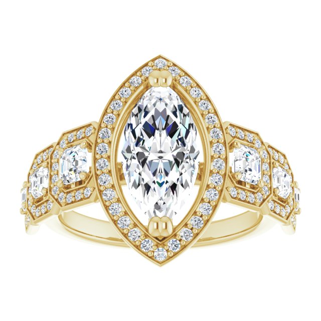 Cubic Zirconia Engagement Ring- The Carmela (Customizable Cathedral-Halo Marquise Cut Design with Six Halo-surrounded Asscher Cut Accents and Ultra-wide Band)