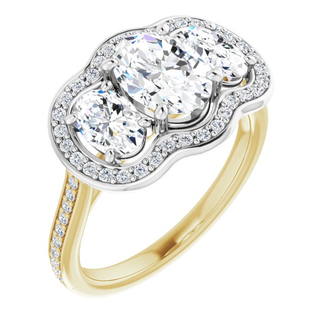 14K Yellow & White Gold Customizable Oval Cut Style with Oval Cut Accents, 3-stone Halo & Thin Shared Prong Band