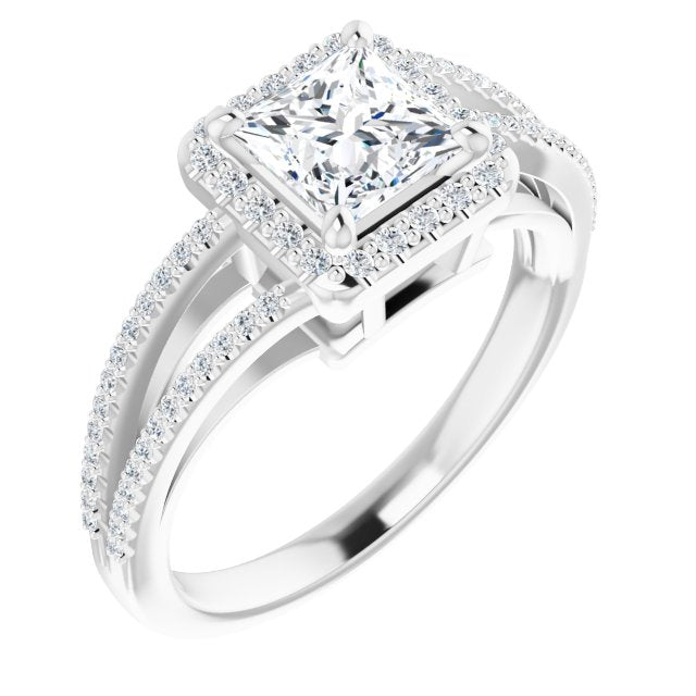 10K White Gold Customizable Princess/Square Cut Vintage Design with Halo Style and Asymmetrical Split-Pavé Band