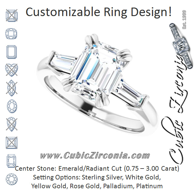 Cubic Zirconia Engagement Ring- The Betyhelena (Customizable 3-stone Radiant Cut Design with Tapered Baguettes)