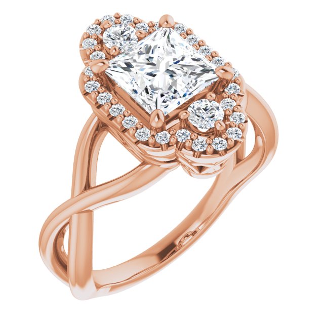 10K Rose Gold Customizable Vertical 3-stone Princess/Square Cut Design Enhanced with Multi-Halo Accents and Twisted Band