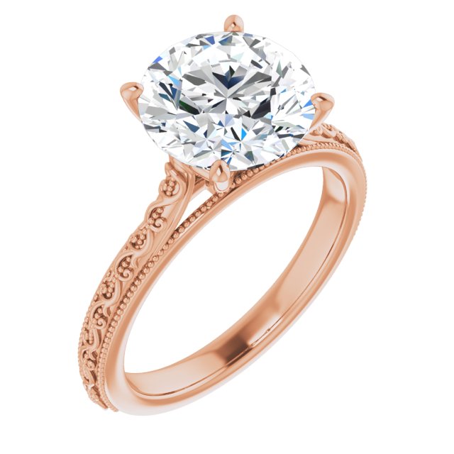 10K Rose Gold Customizable Round Cut Solitaire with Delicate Milgrain Filigree Band