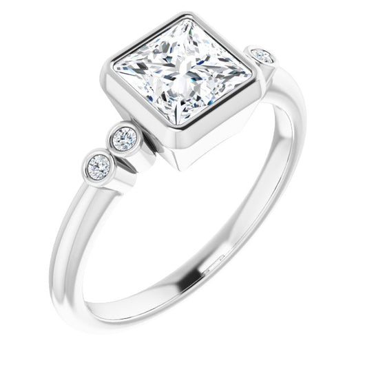 10K White Gold Customizable 5-stone Bezel-set Princess/Square Cut Design with Quad Round-Bezel Side Stones
