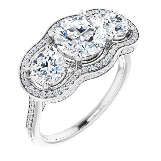 10K White Gold Customizable 3-stone Round Cut Design with Multi-Halo Enhancement and 150+-stone Pavé Band