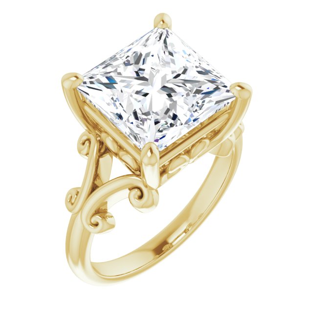 10K Yellow Gold Customizable Princess/Square Cut Solitaire with Band Flourish and Decorative Trellis