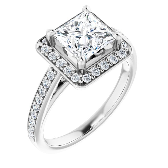 10K White Gold Customizable Princess/Square Cut Style with Halo and Sculptural Trellis